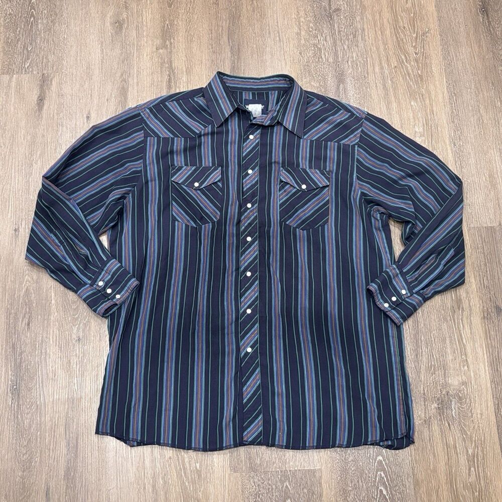 Vintage Wrangler Shirt Mens XL Pearl Snap Western Stripe Navy Blue Cowboy